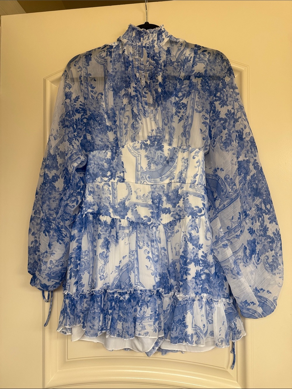 ASOS Blue and White Floral Ruffle Tiered Chiffon romper zippered back